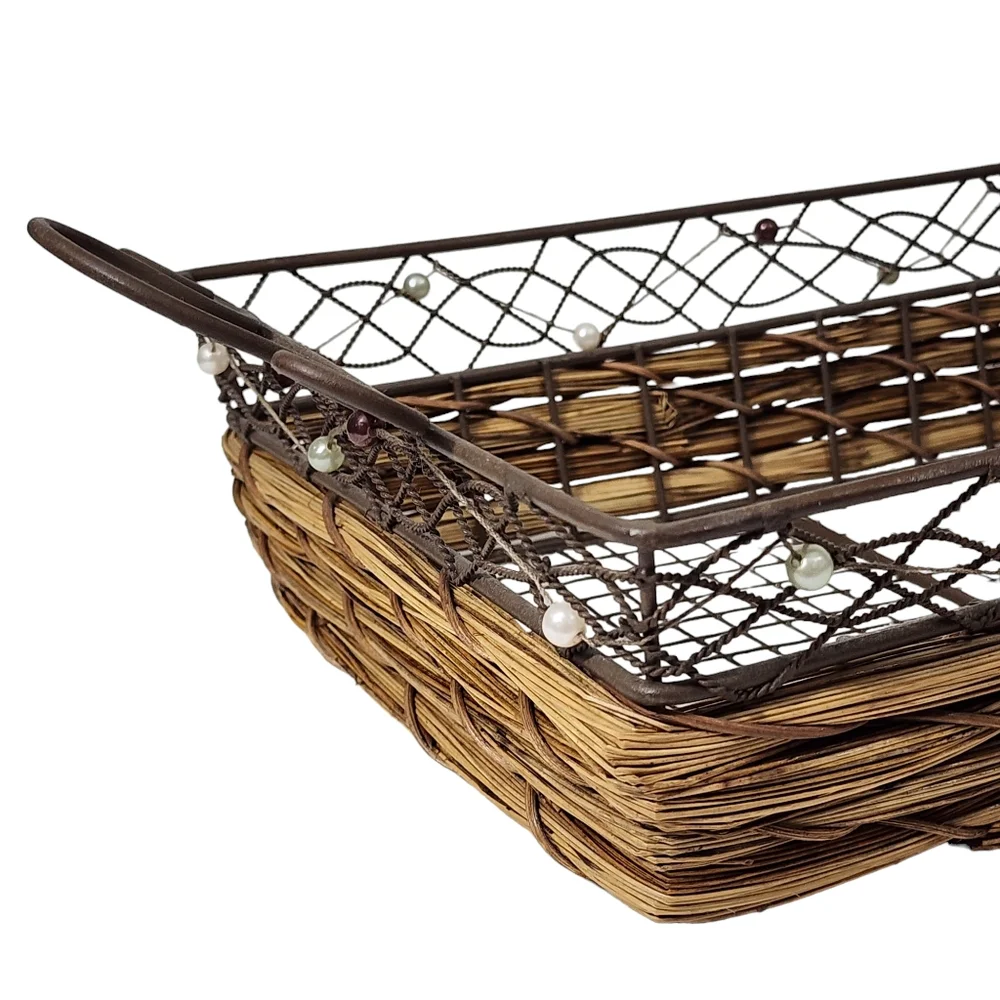 Rustic Rectangular‎ Woven Wicker Basket With Wire Handles and Frame